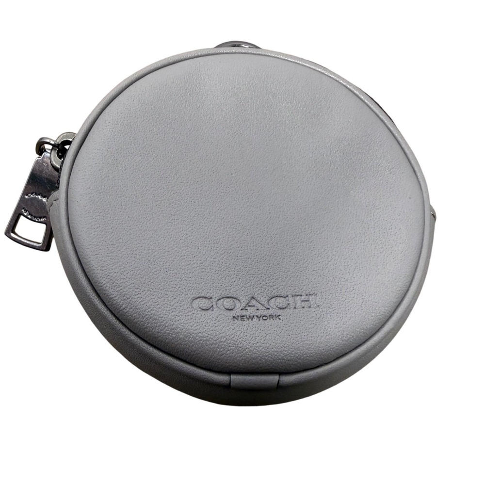 Coach Round Coin Purse Gray Leather Bag Charm Zip Mini Pouch